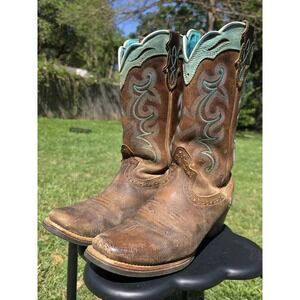 Justin Womens Sevana Brown/Turquoise Leather Square Toe Western Boots (Size 8)